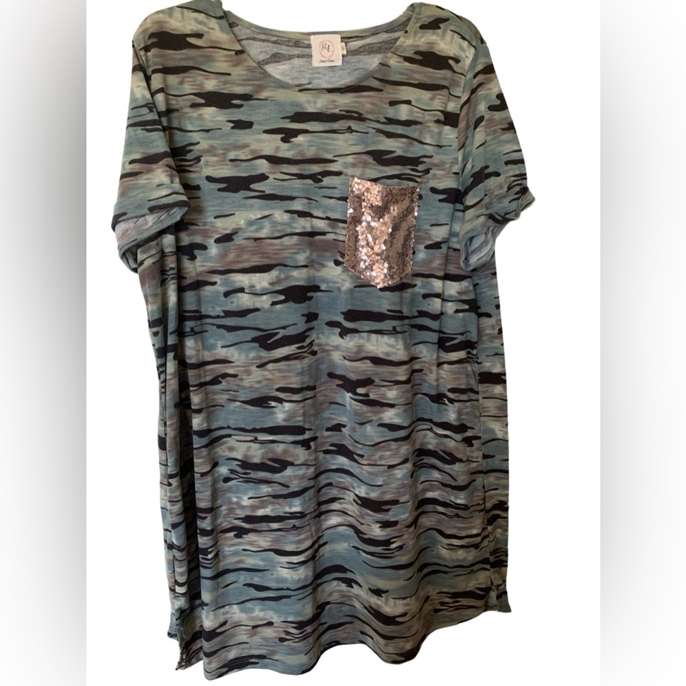 GRACE & EMMA G&E Gold Sequin Pocket SS Camouflage Dress Long Tunic Plus Size